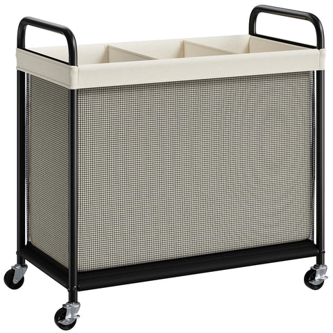 ELYKEN laundry hamper 3-section front view with wheels, ideal for compact spaces and easy transport.