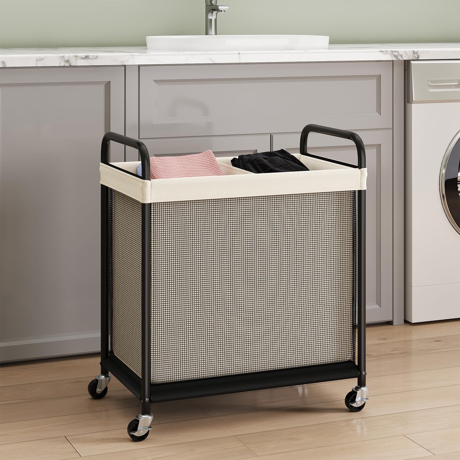 ELYKEN removable liner bag in use, simplifies transferring laundry to the room.