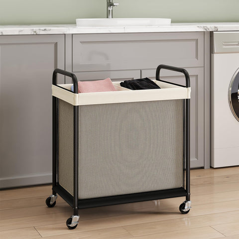 ELYKEN removable liner bag in use, simplifies transferring laundry to the room.