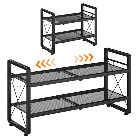 ELYKEN expandable 2-tier shoe rack shows adjustable length for versatile entryway storage.
