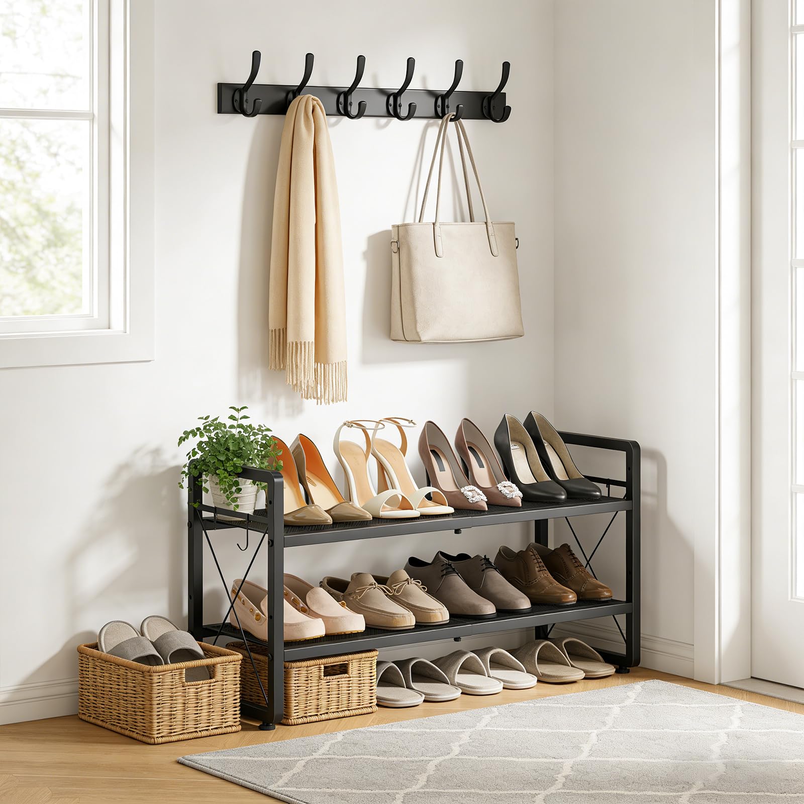 ELYKEN shoe rack with mesh shelves holds heels securely and neatly.