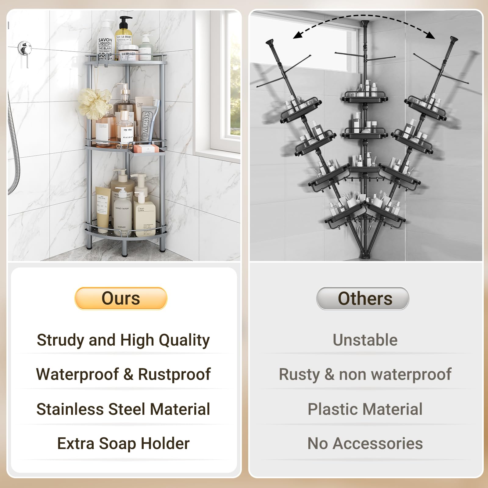 ELYKEN shower caddy hanging hooks add versatile storage for razors and sponges.