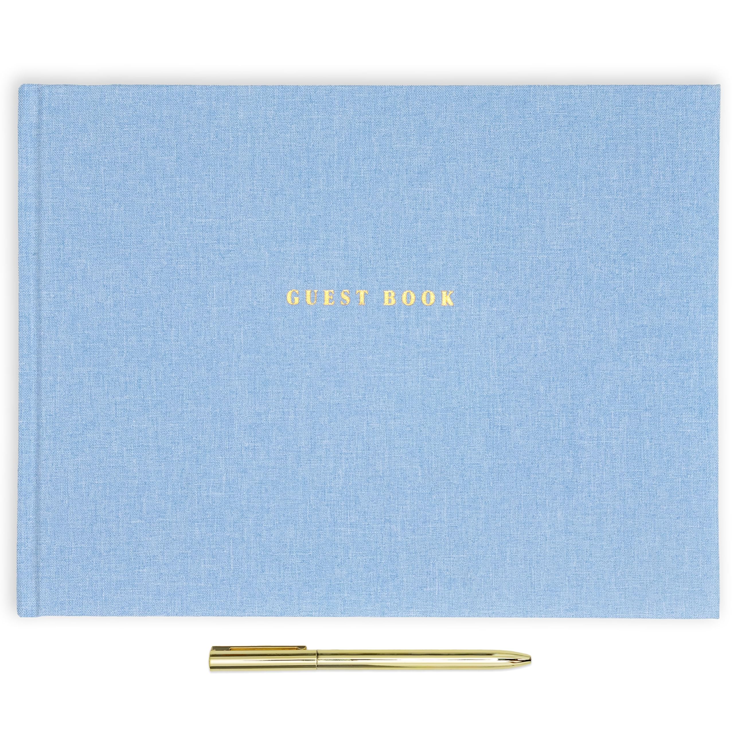 ELYN linen guest book cover in blue with gold accents for weddings and events