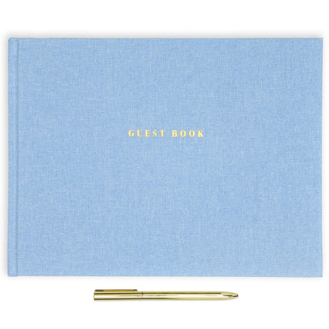 ELYN linen guest book cover in blue with gold accents for weddings and events