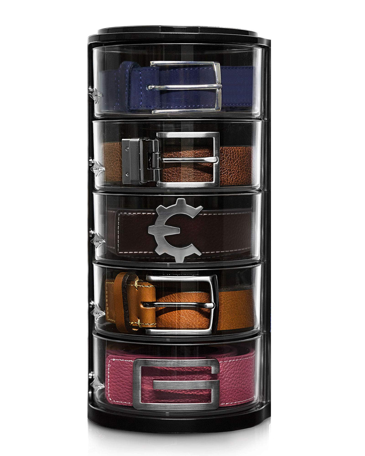 ELYPRO belt organizer with rotating drawers for quick access to belts and accessories