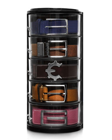 ELYPRO belt organizer with rotating drawers for quick access to belts and accessories