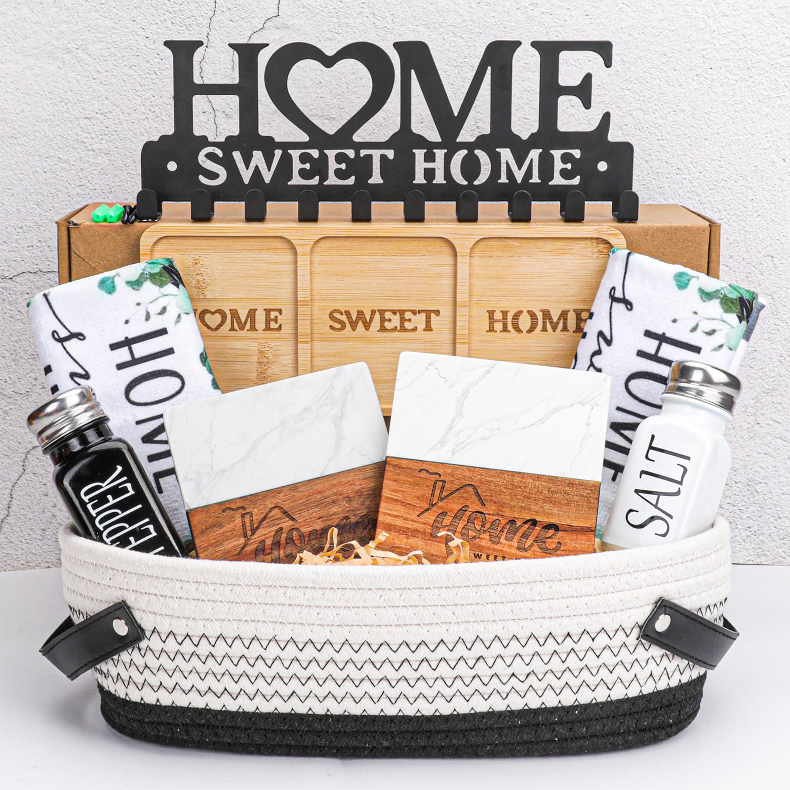 Elysirise housewarming rope basket with towels and coasters, welcoming new homeowners