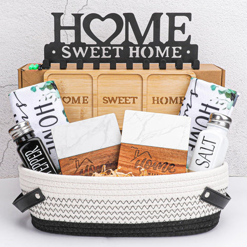 Elysirise housewarming rope basket with towels and coasters, welcoming new homeowners