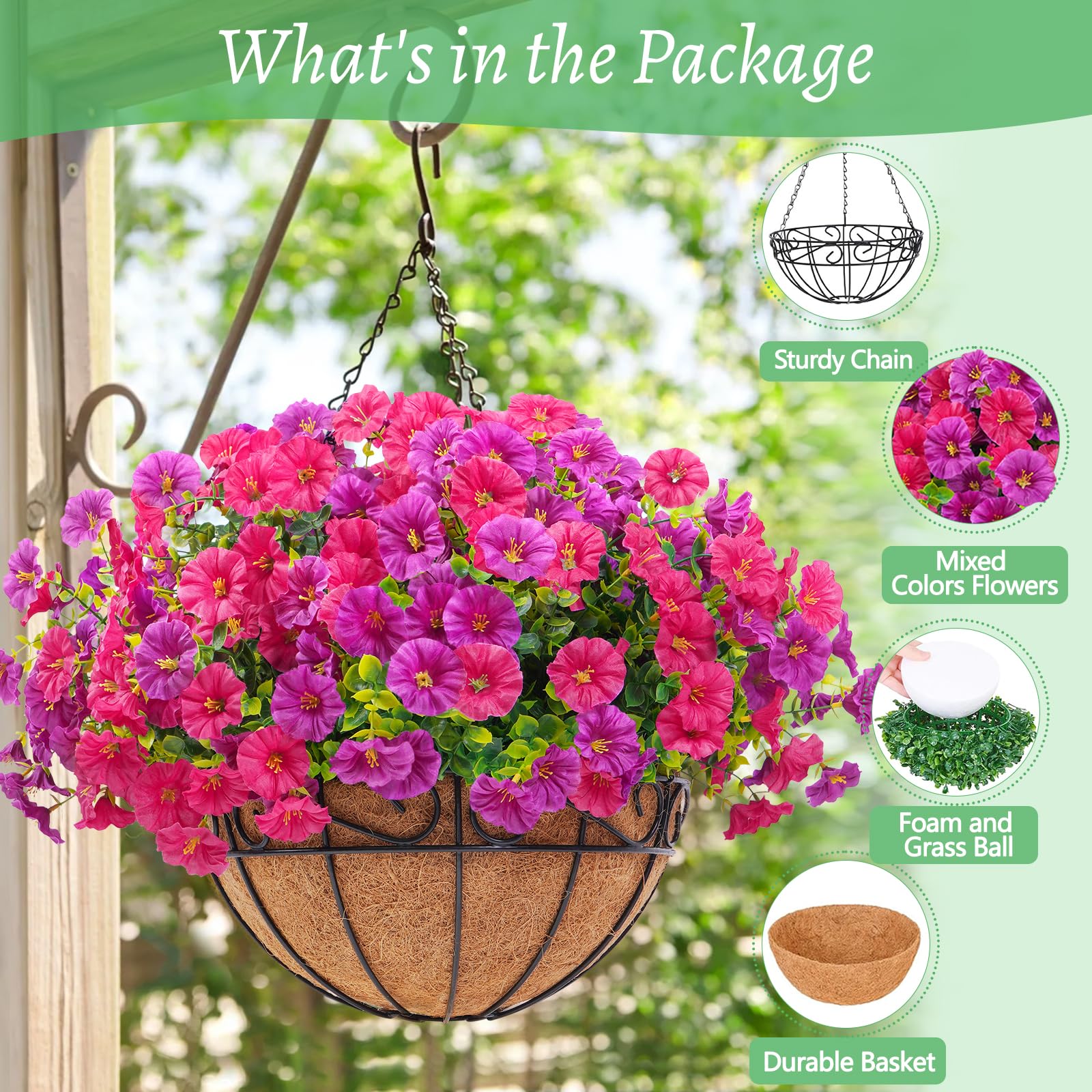 Elyum hanging basket adorns a front porch with vibrant color.