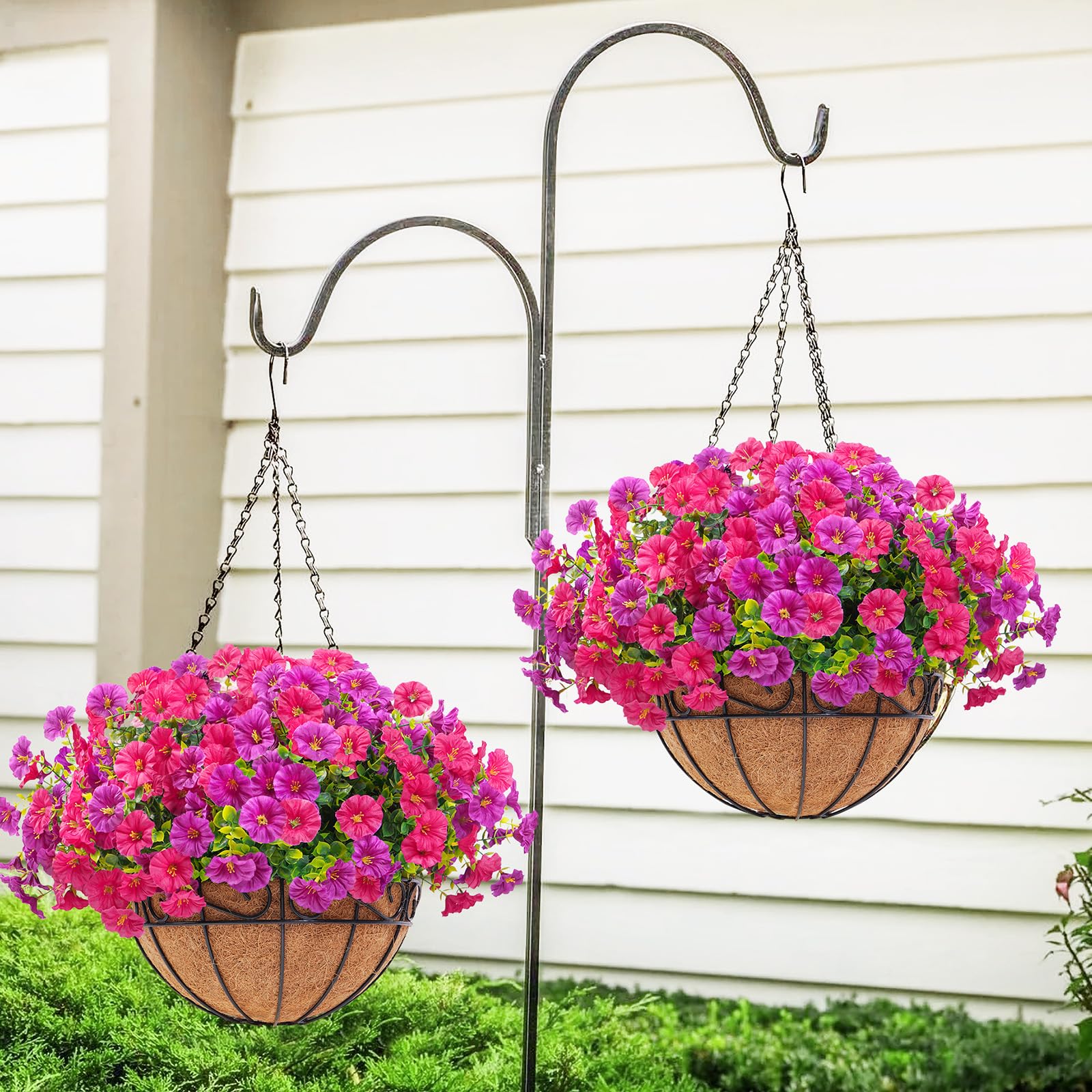 Elyum steel-framed hanging basket resists rust for lasting outdoor display.