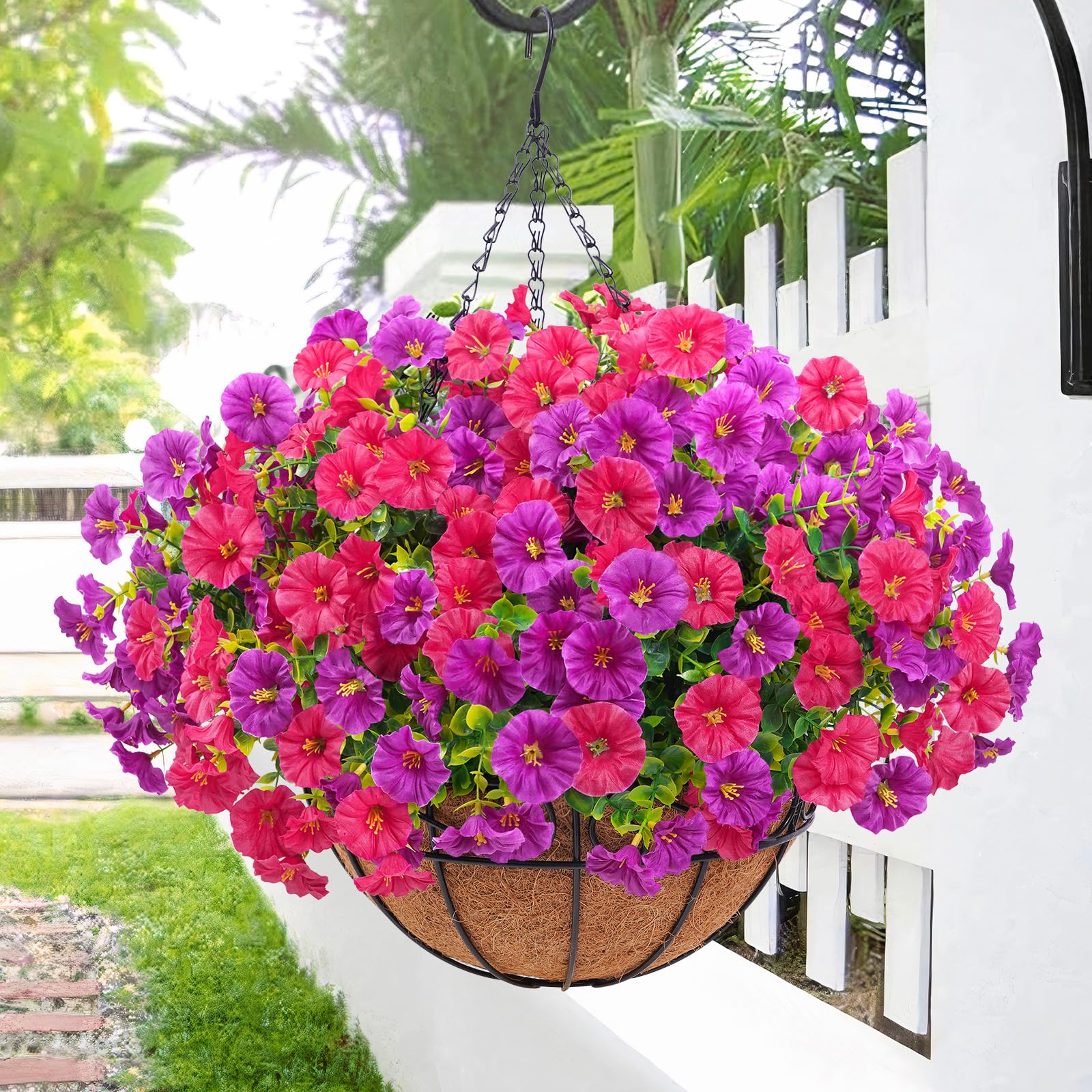 Elyum outdoor petunias hanging basket in purple and fuchsia for curb appeal.