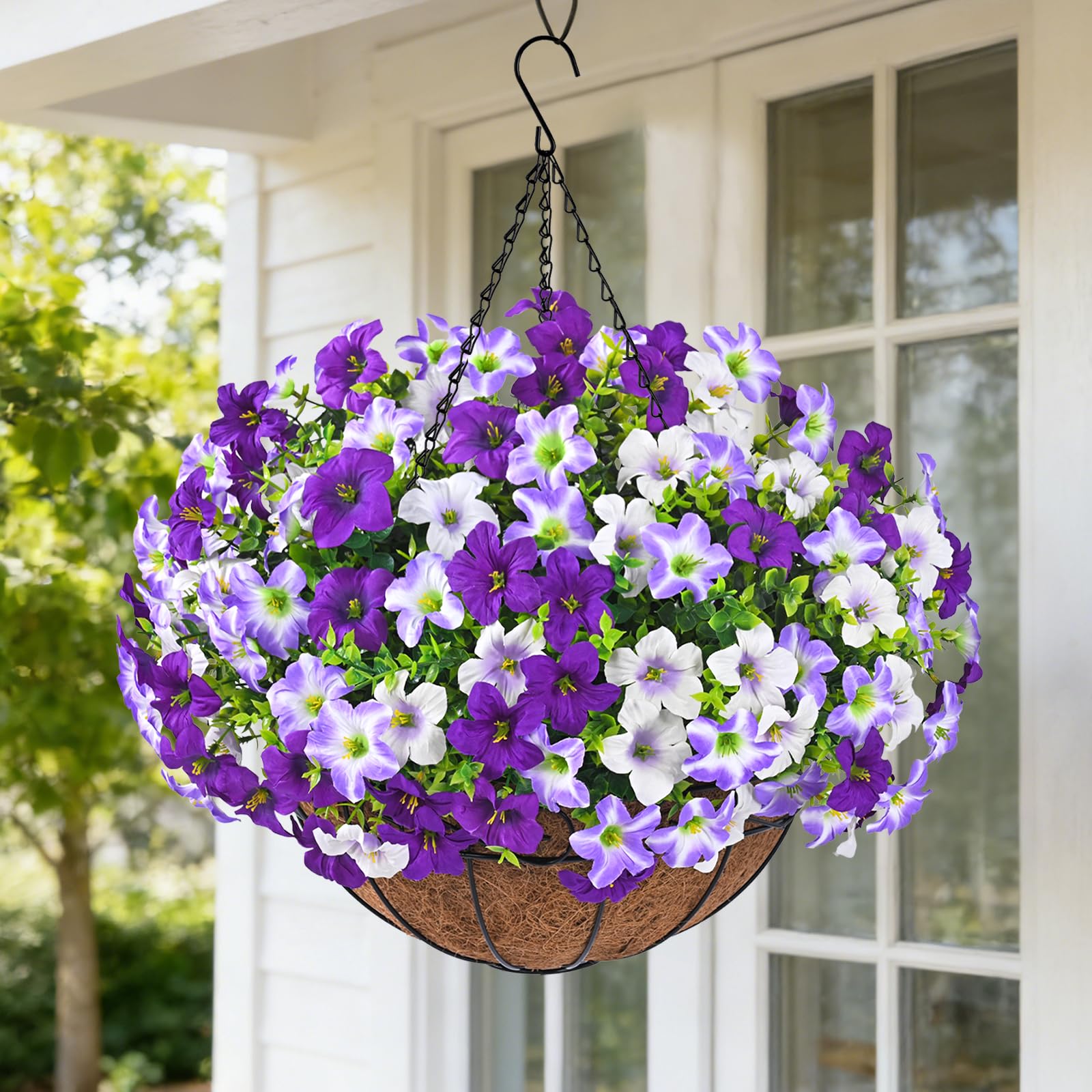 Elyum realistic hanging flowers in outdoor basket for porch with UV resistance.