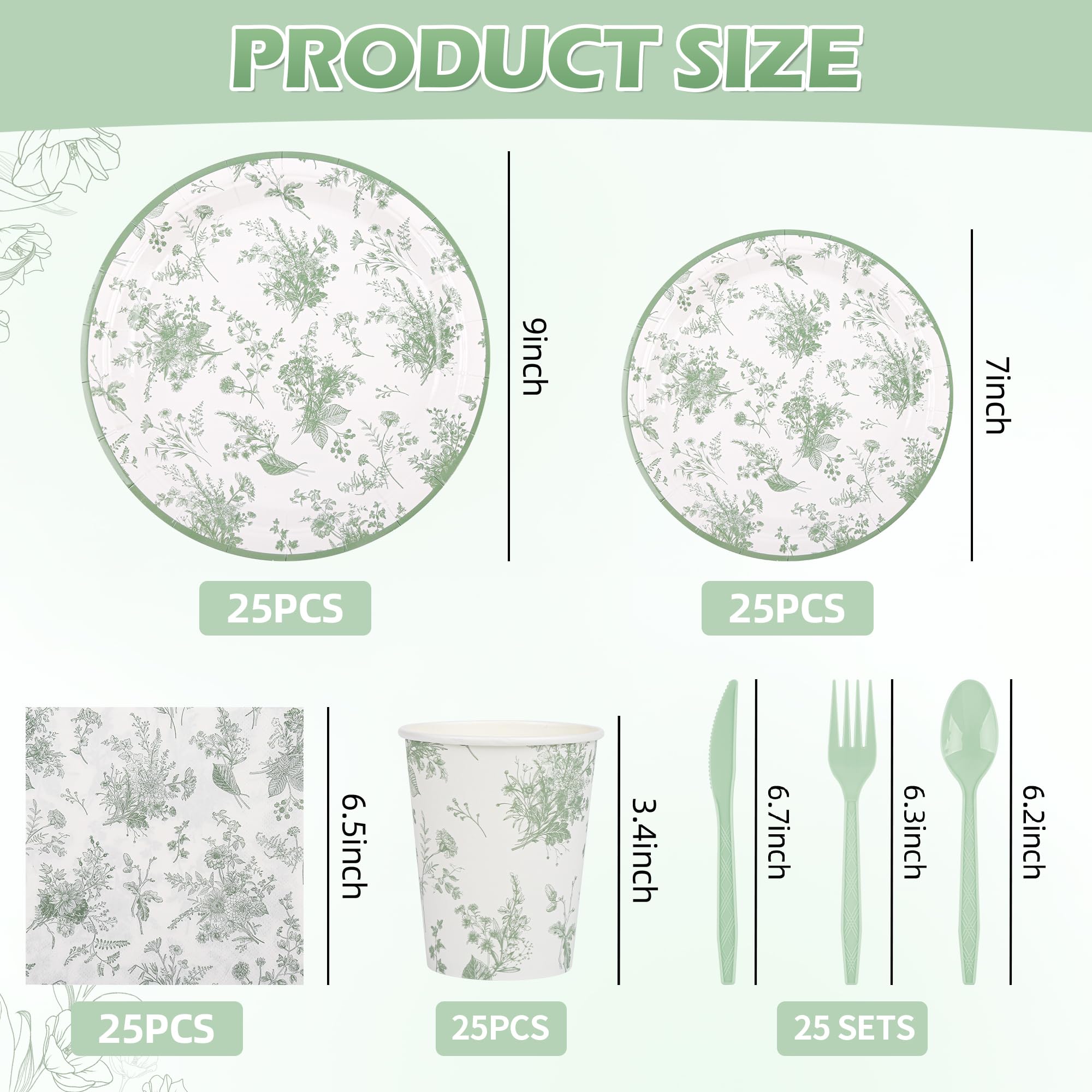 Elyxio sage green floral dessert plates for bridal showers and birthdays