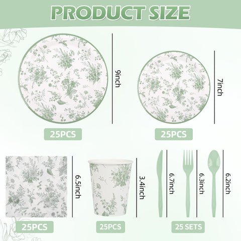 Elyxio sage green floral dessert plates for bridal showers and birthdays