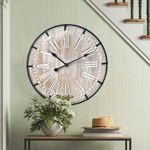 EMAX HOME 24-inch wall clock front view with rustic wood face and metal ring for living room decor