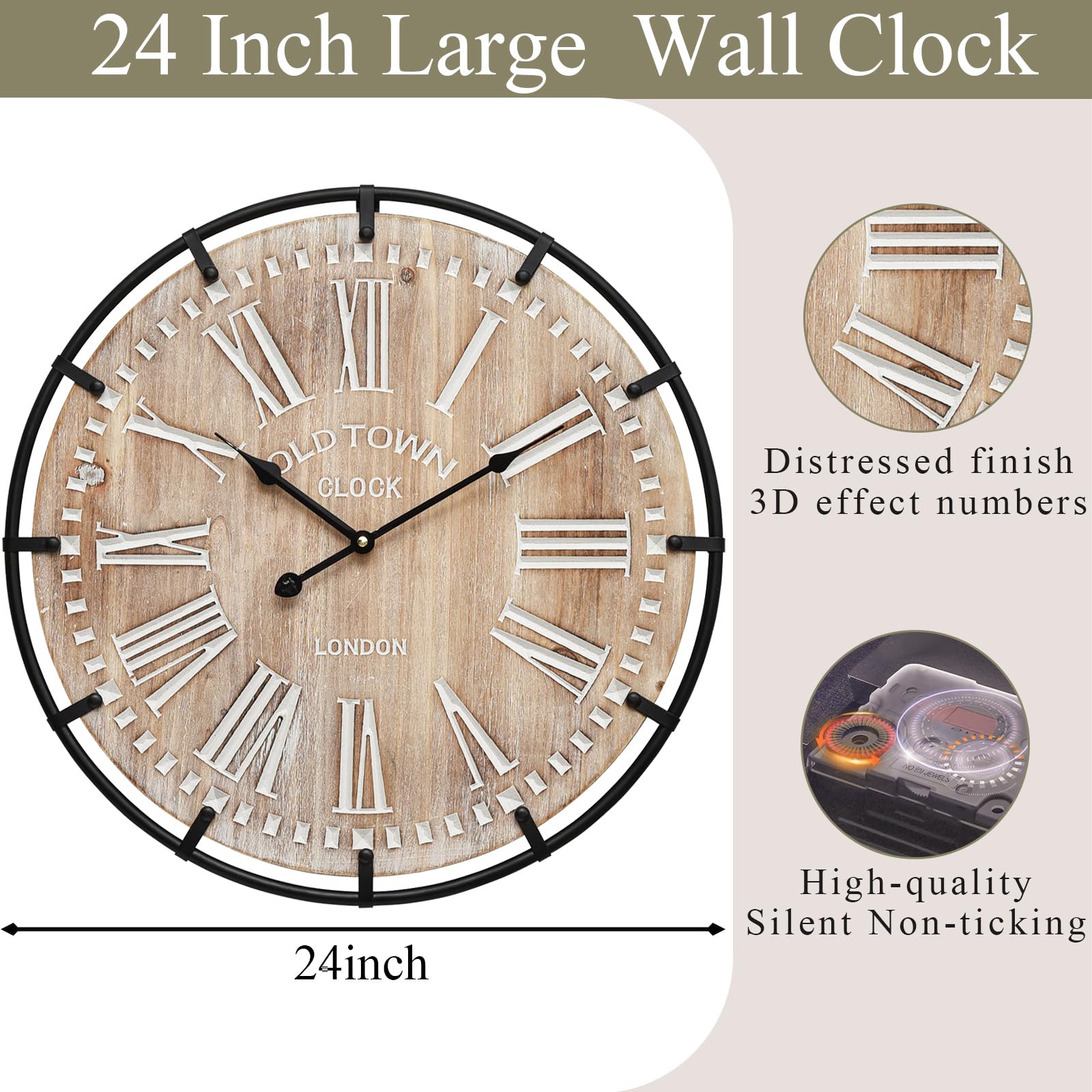 EMAX HOME 24-inch wall clock metal circle closeup shows engraved numerals for easy readability