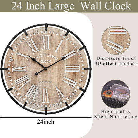 EMAX HOME 24-inch wall clock metal circle closeup shows engraved numerals for easy readability