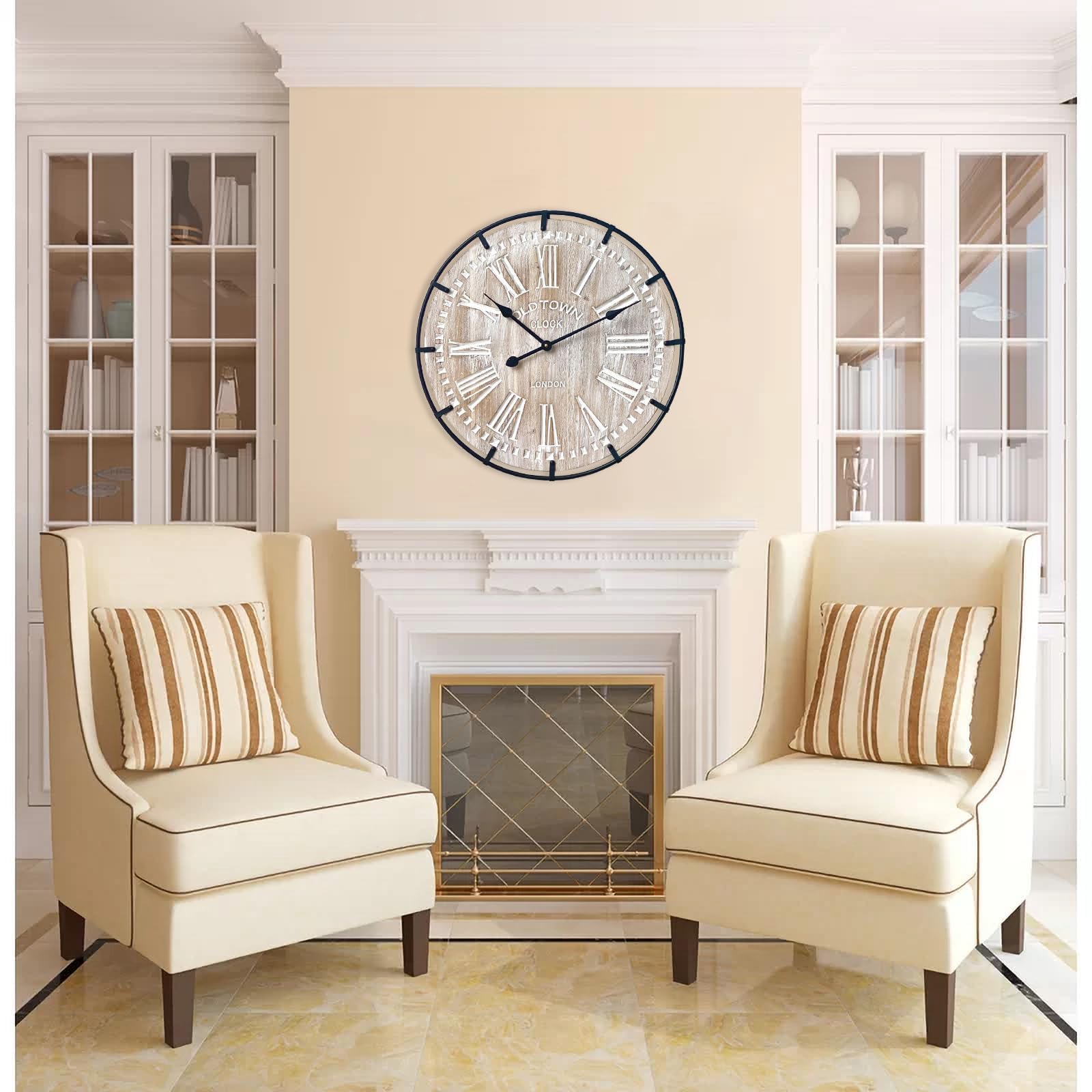 EMAX HOME 24-inch wall clock on wall in living room showcases rustic-industrial focal point