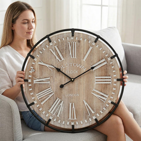 EMAX HOME 24-inch wall clock side angle highlights wood and metal frame for durable home styling