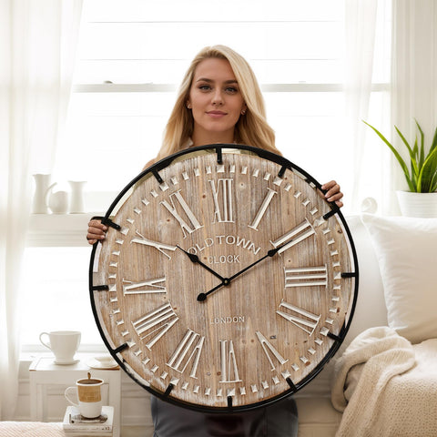 EMAX HOME 30-inch wall clock front view with rustic wood and metal design