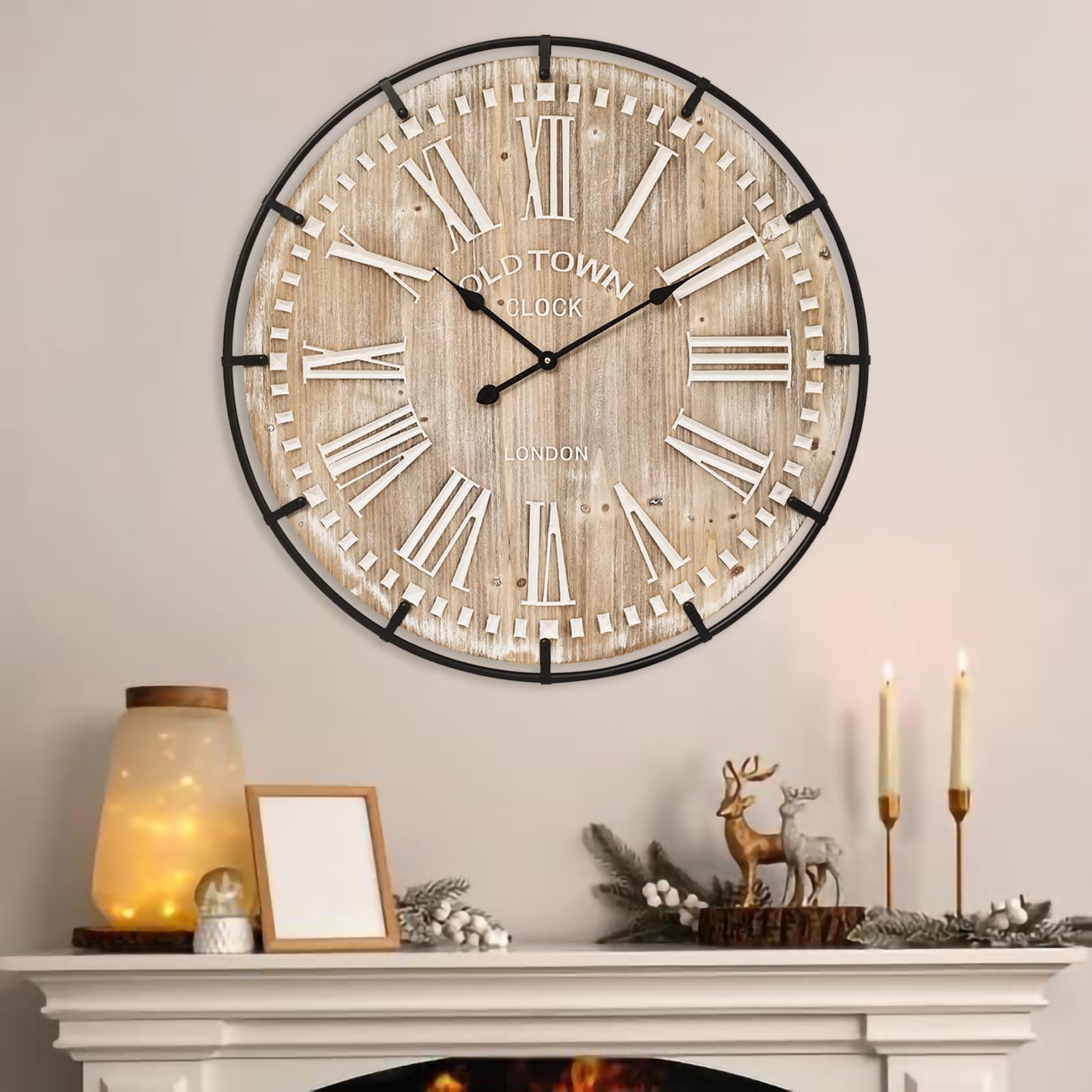 EMAX HOME clock close-up showing warm wood grain and distressed metal accents