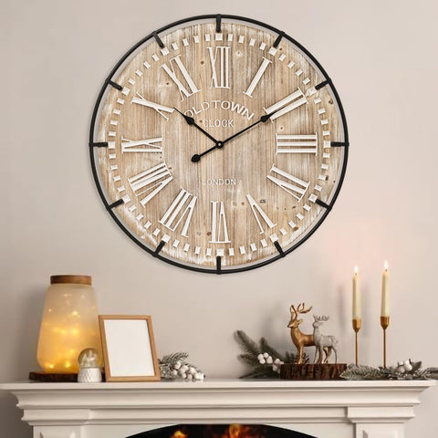 EMAX HOME clock close-up showing warm wood grain and distressed metal accents