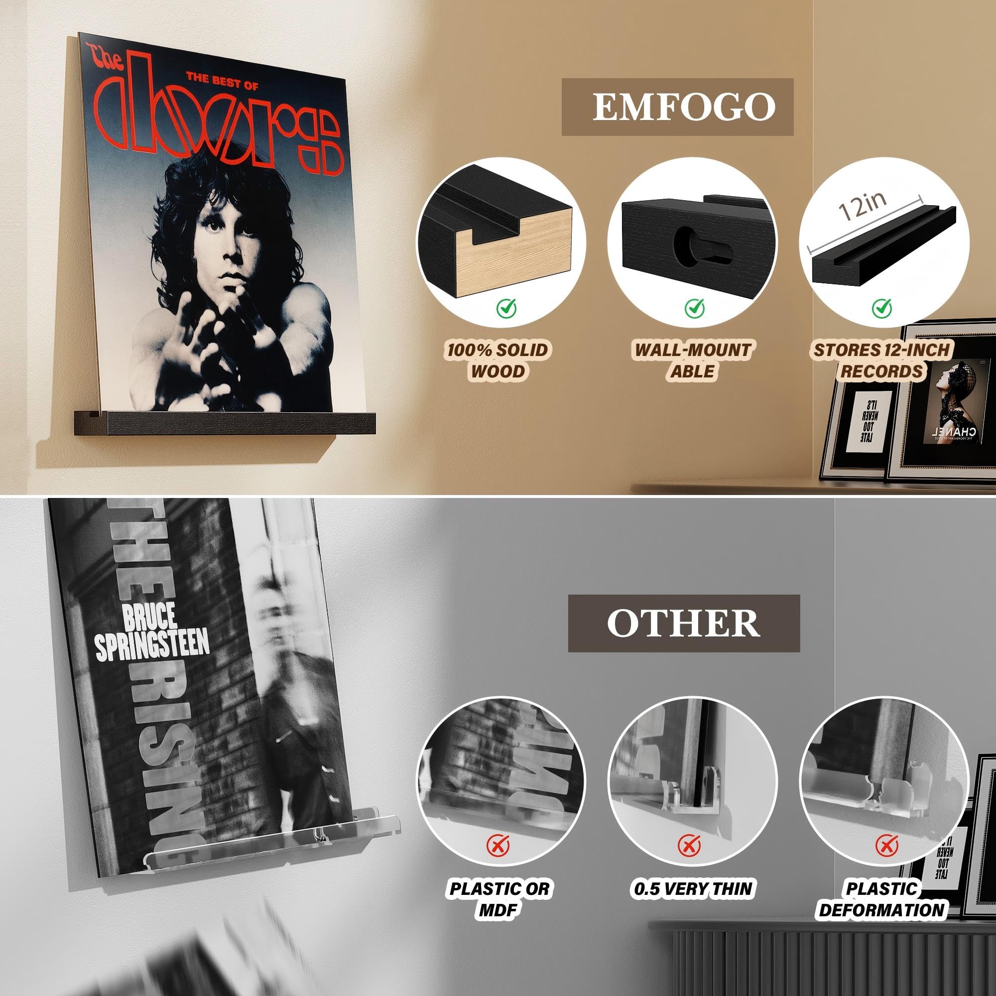 Emfogo black-finish wall-mounted record display adds sleek style and organized storage.