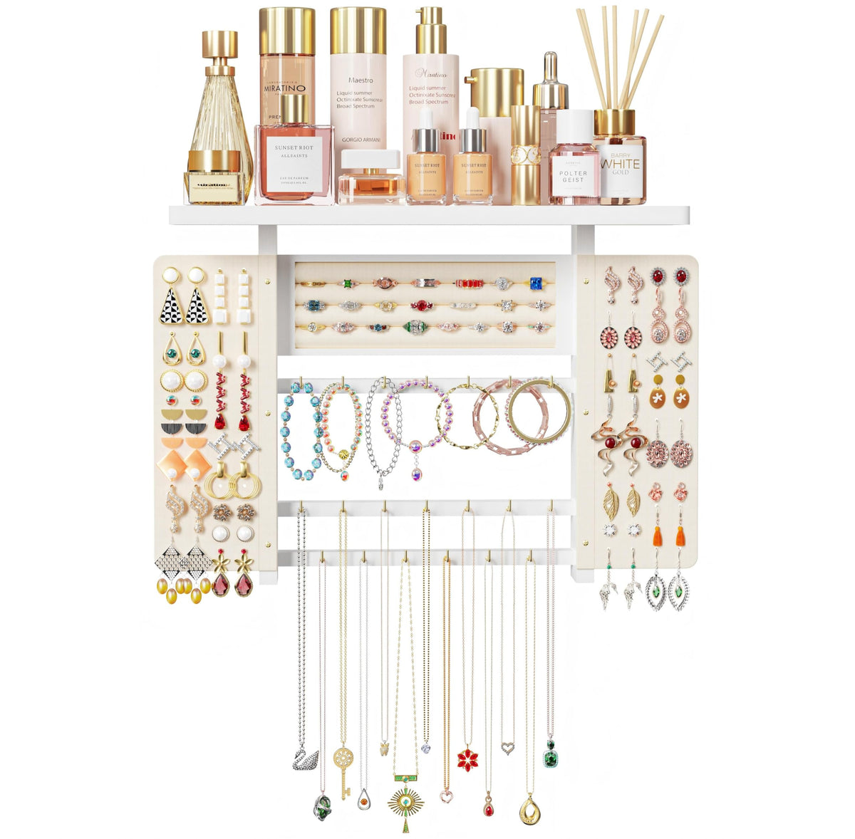 Emfogo wall-mounted wood tray closeup for cosmetics organization and display