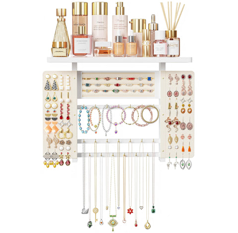 Emfogo wall-mounted wood tray closeup for cosmetics organization and display