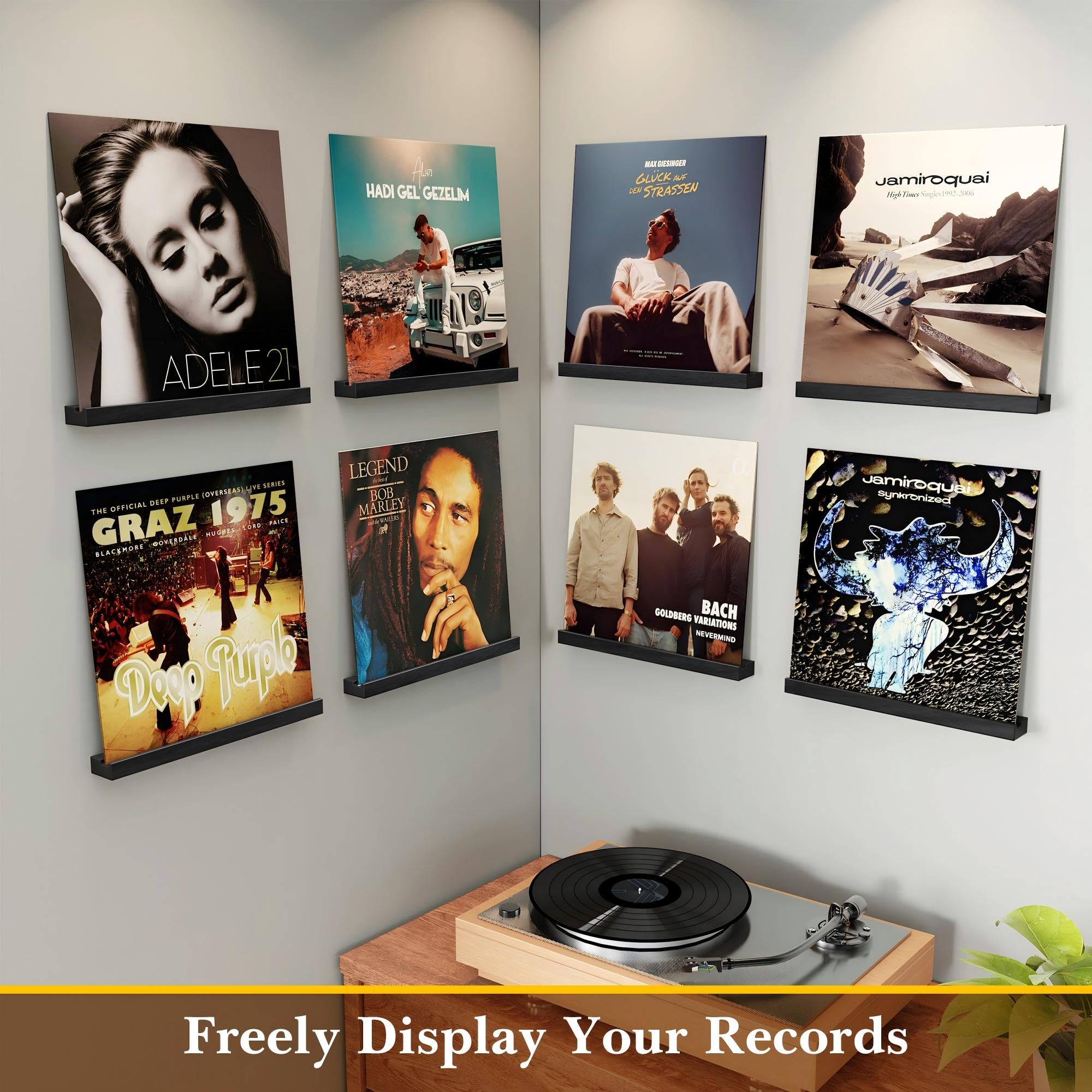 Emfogo living room vinyl display on wall-mounted shelves for chic decor