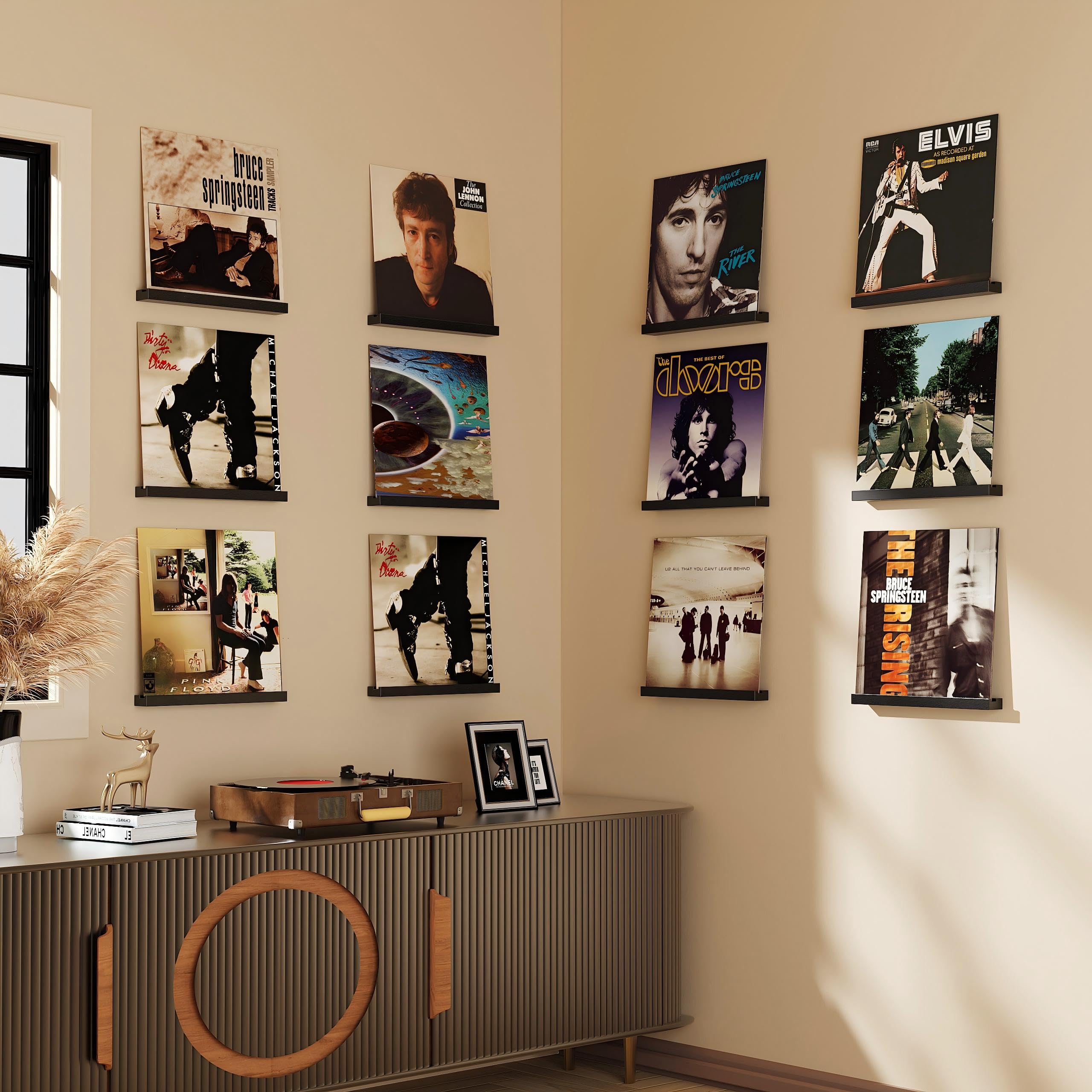 Emfogo living room vinyl display enhances decor while keeping albums accessible.