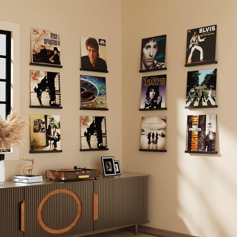 Emfogo living room vinyl display enhances decor while keeping albums accessible.