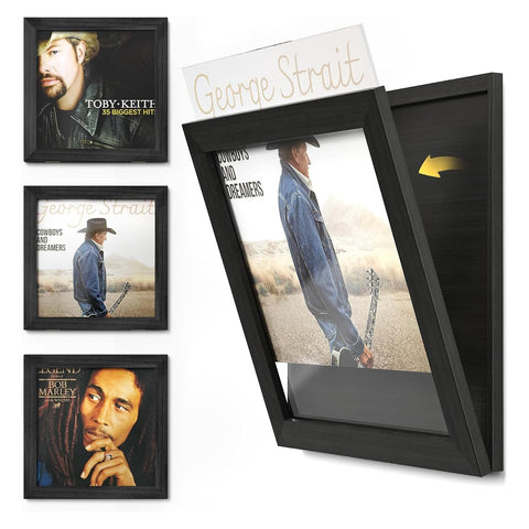 Emfogo vinyl frame front view, three-pack black, ideal for quick LP swaps