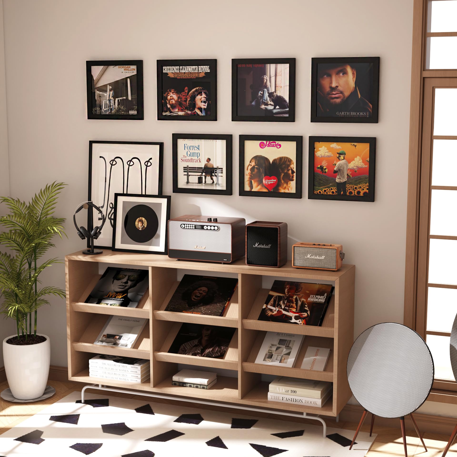 Versatile Emfogo wall display fits living room or study spaces.