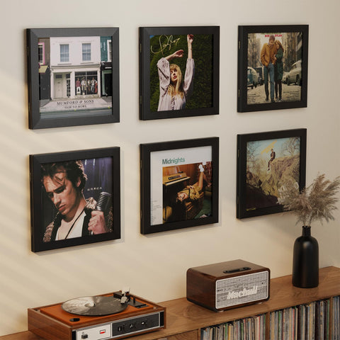 Minimalist Emfogo display frame showcases 12x12 LP covers beautifully.