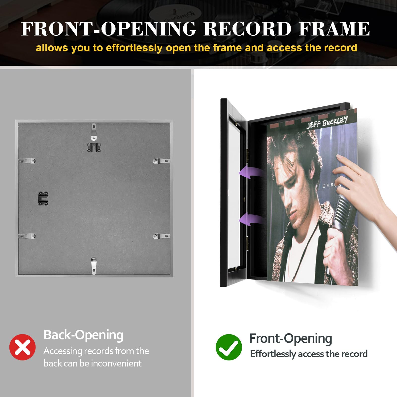 Emfogo wall-mounted frame with UV protection preserves album art.