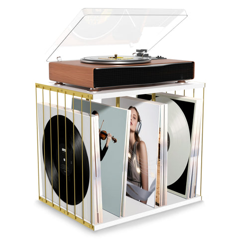 Emfogo vinyl record storage overview in white, showcasing ample capacity and sleek design.