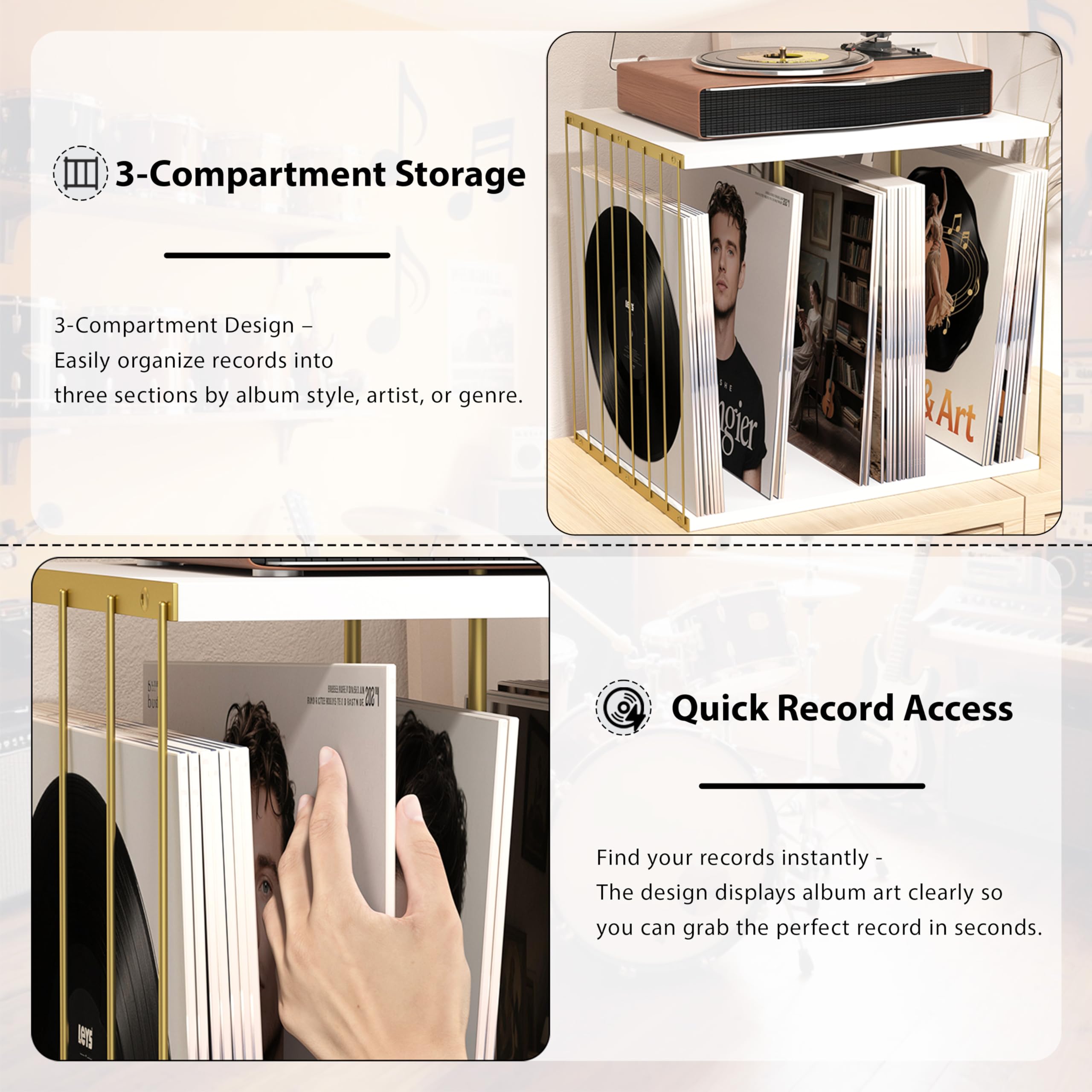 Emfogo three-compartment rails organize records by mood for quick browsing.