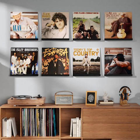 Emfogo vinyl wall mount shelf black shown with album spines for quick browsing