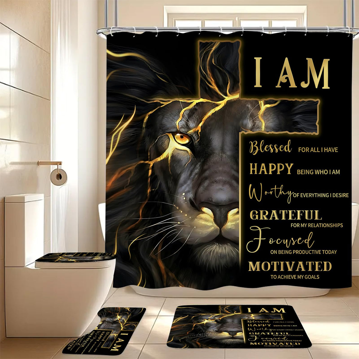 EMHOME gold cross lion shower curtain features bold motif for stylish, waterproof bathroom decor.