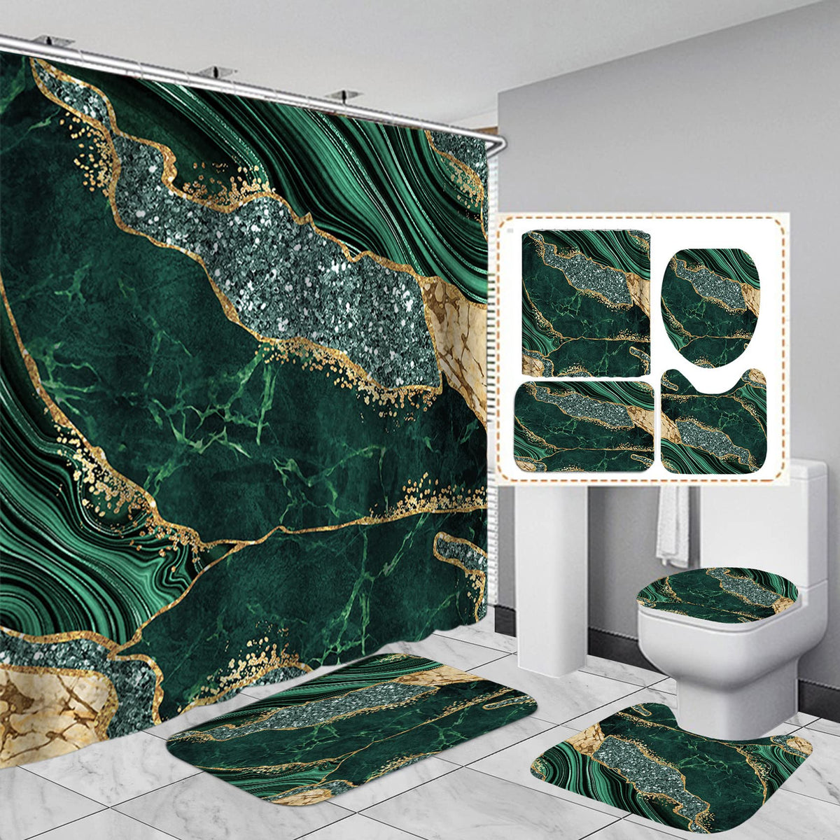 EMHOME marble shower curtain green close-up showcases luxury style and waterproof design