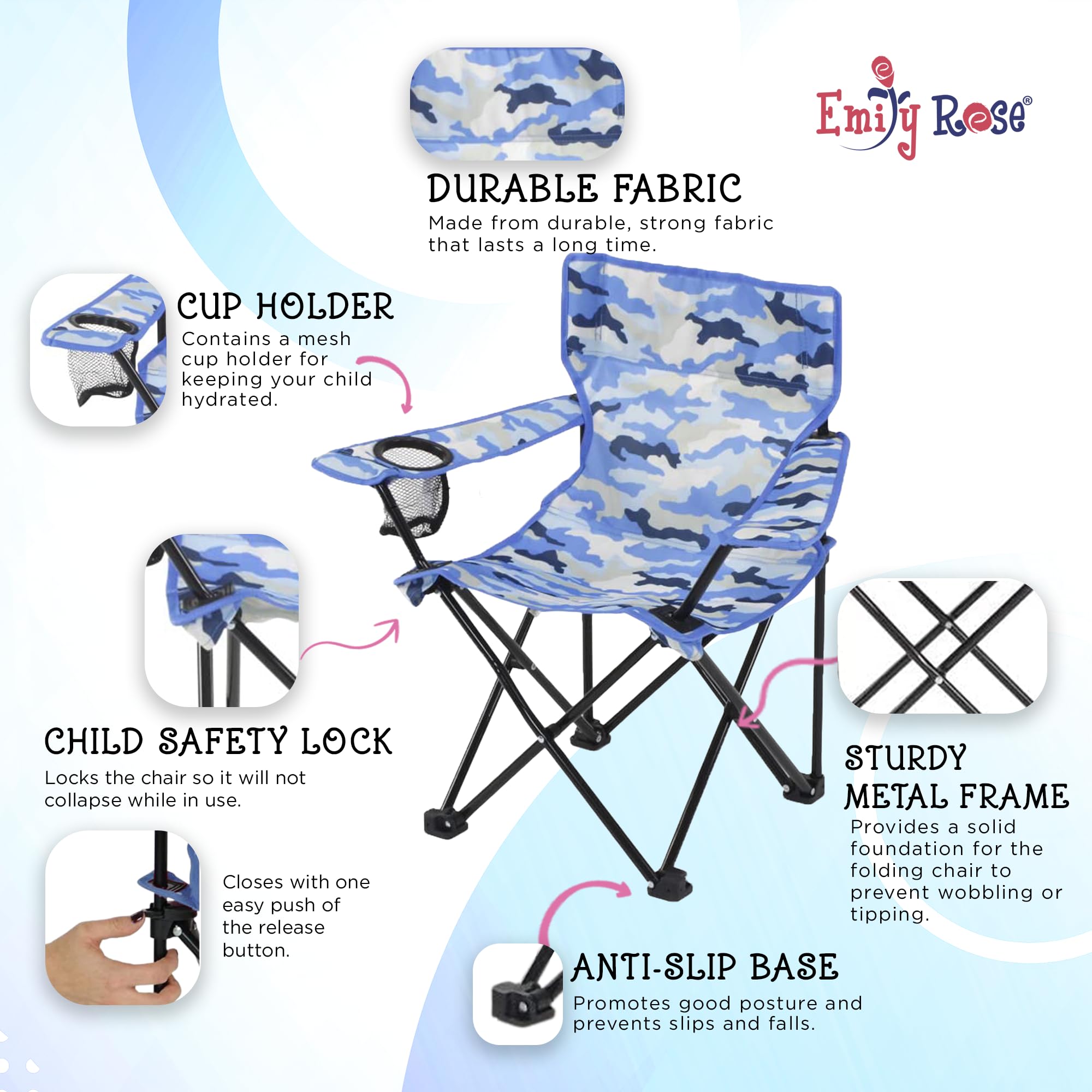 Emily Rose kids using blue camo chair at the beach.