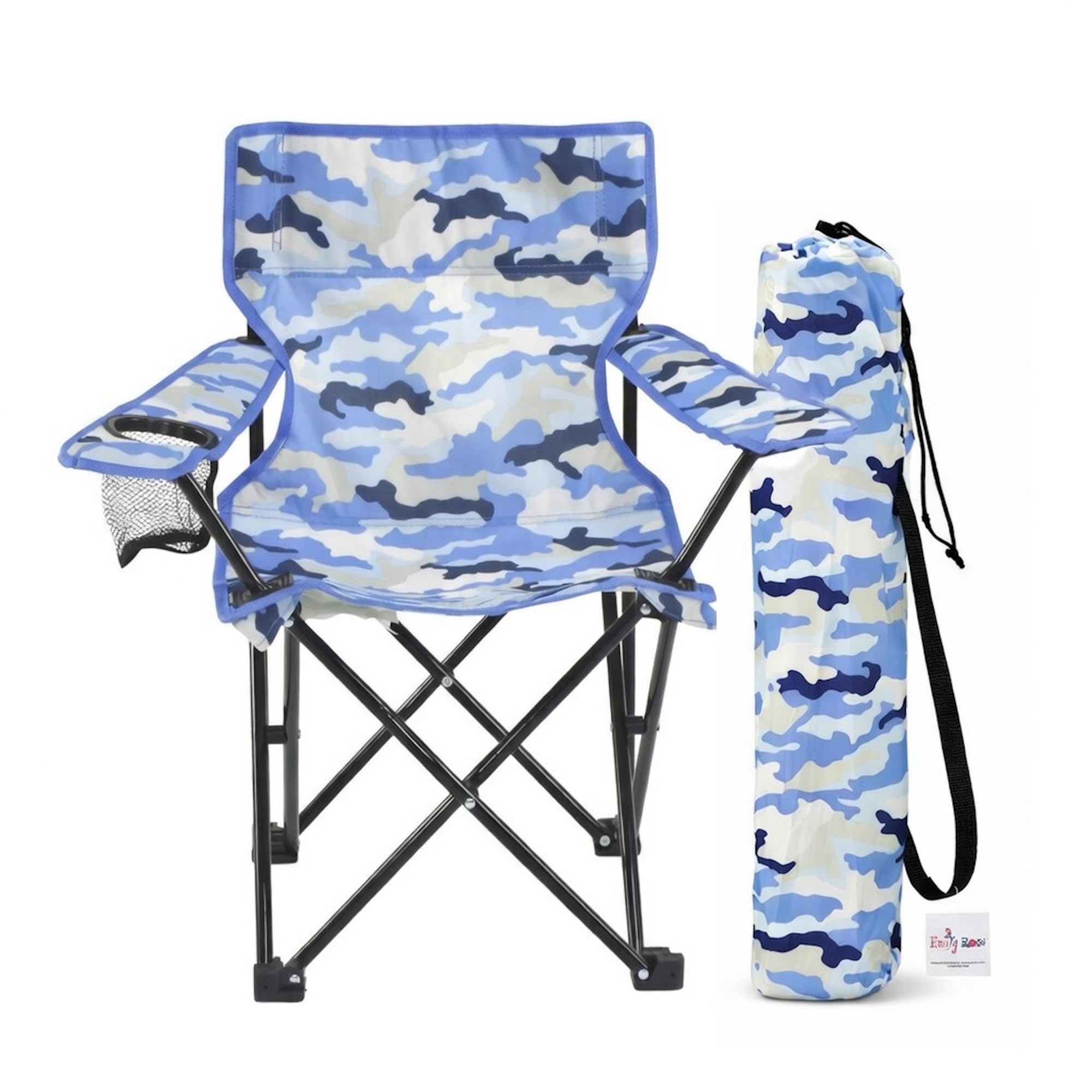 Emily Rose kids folding beach chair in blue camo for ages 2–7.