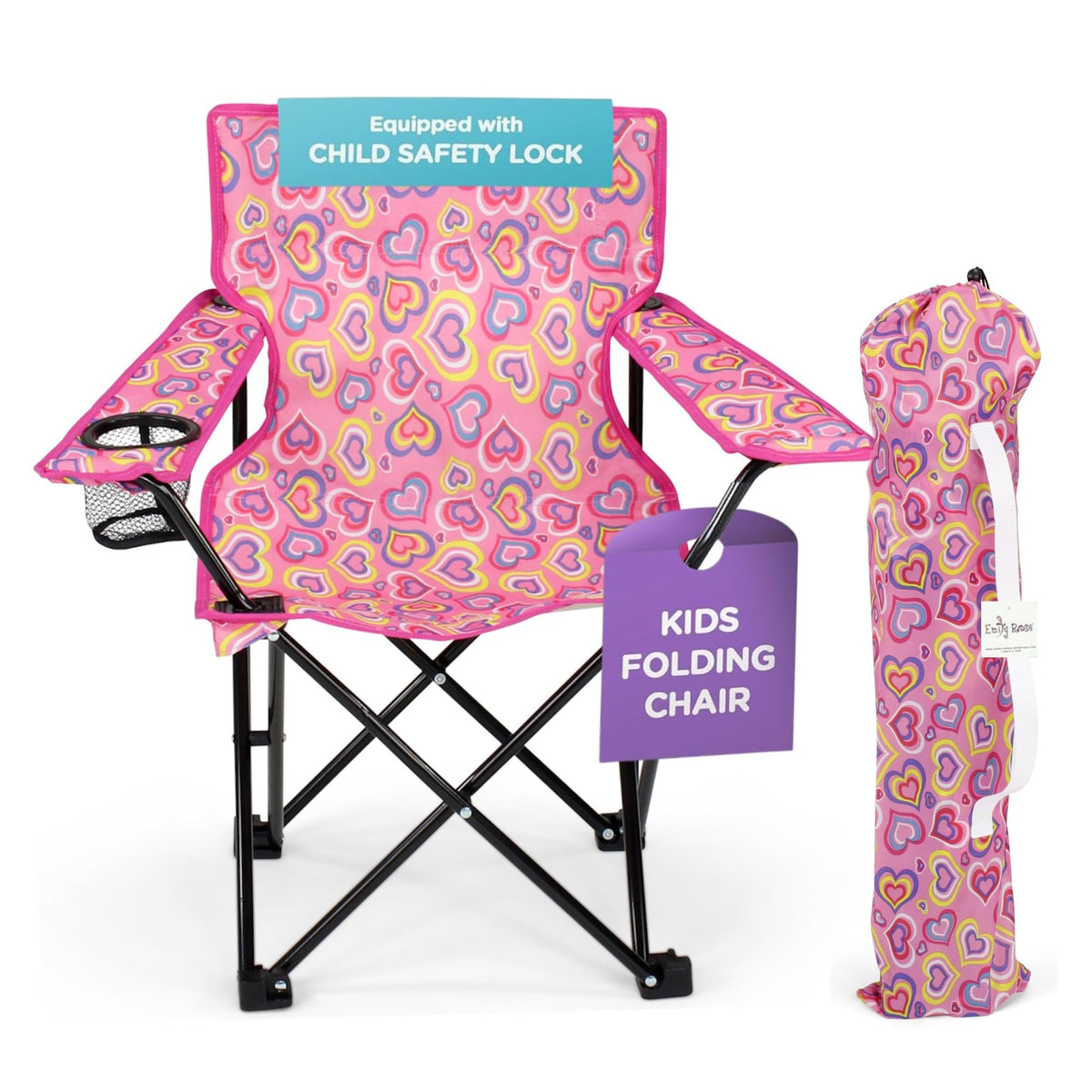 Emily Rose kids folding beach chair with heart pattern ready for sunny days.