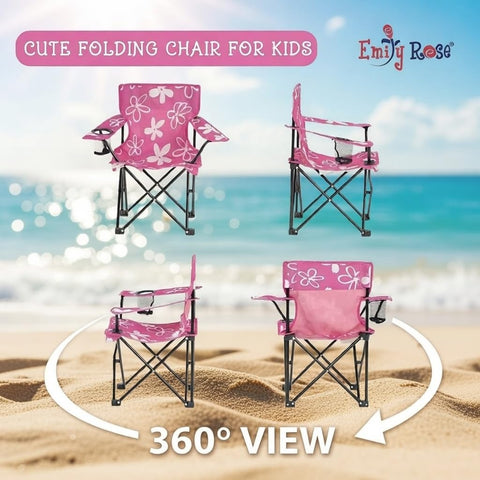 Emily Rose Kids pink folding chair durable steel frame, built for outdoor use.