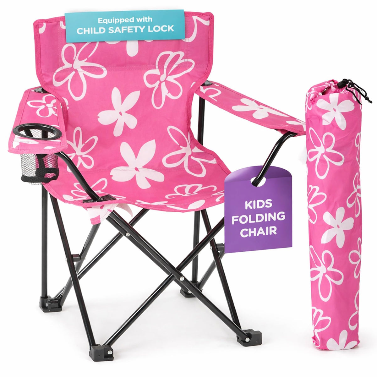 Emily Rose Kids pink folding chair front view, portable toddler seating for beach days.