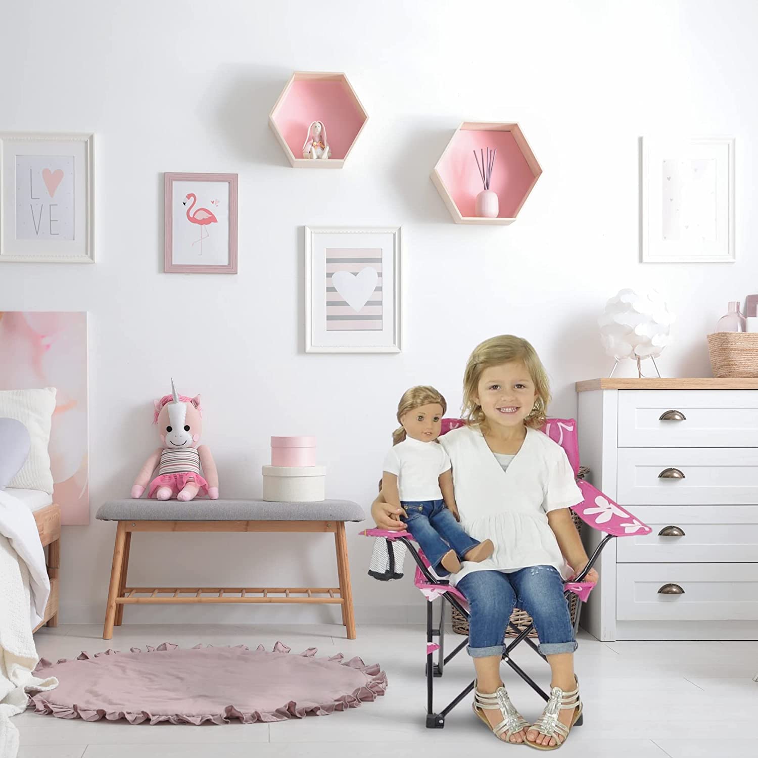 Emily Rose Kids pink folding chair 600x300 polyester fabric, easy to clean after play.