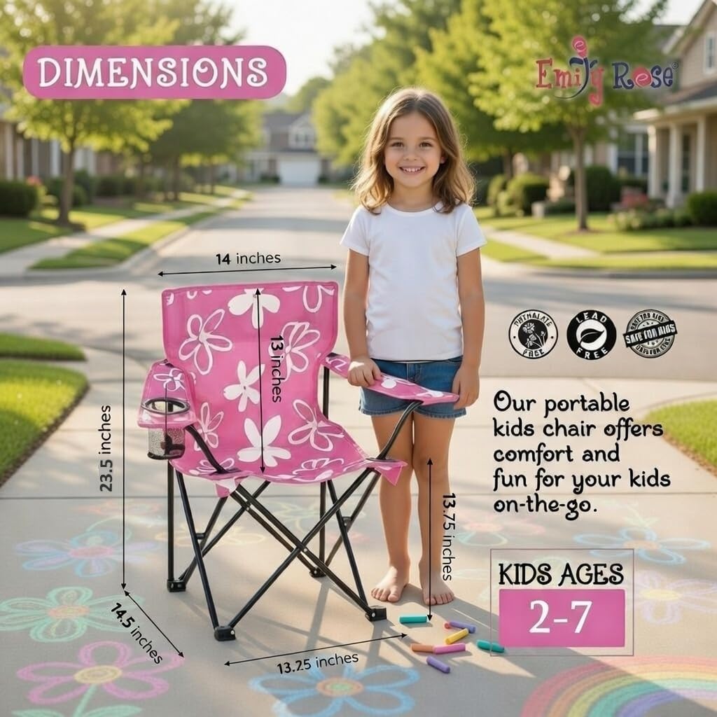 Emily Rose Kids pink folding chair side view, lightweight travel companion for families.