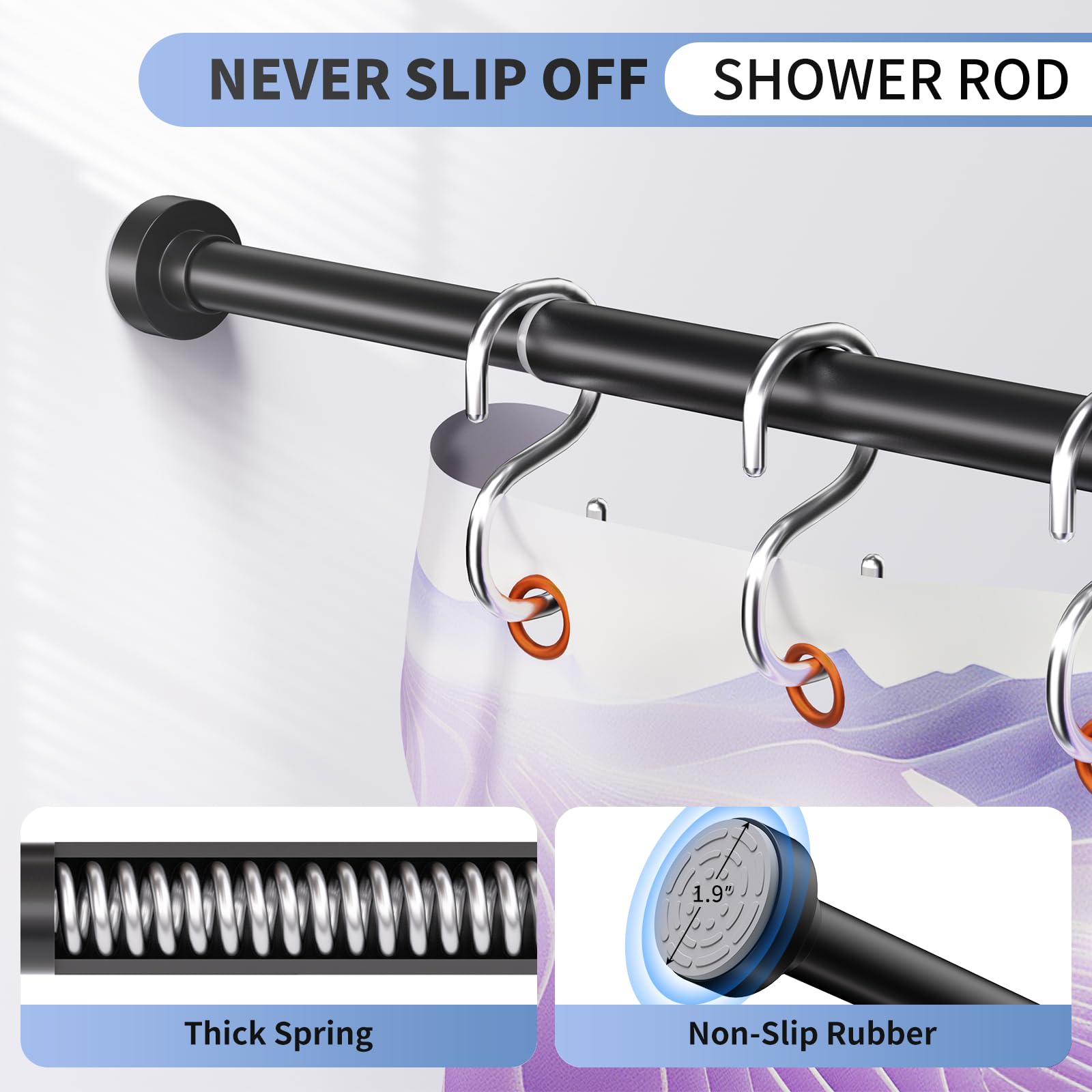 Emlaoe adjustable shower rod with spring tension for easy length customization.