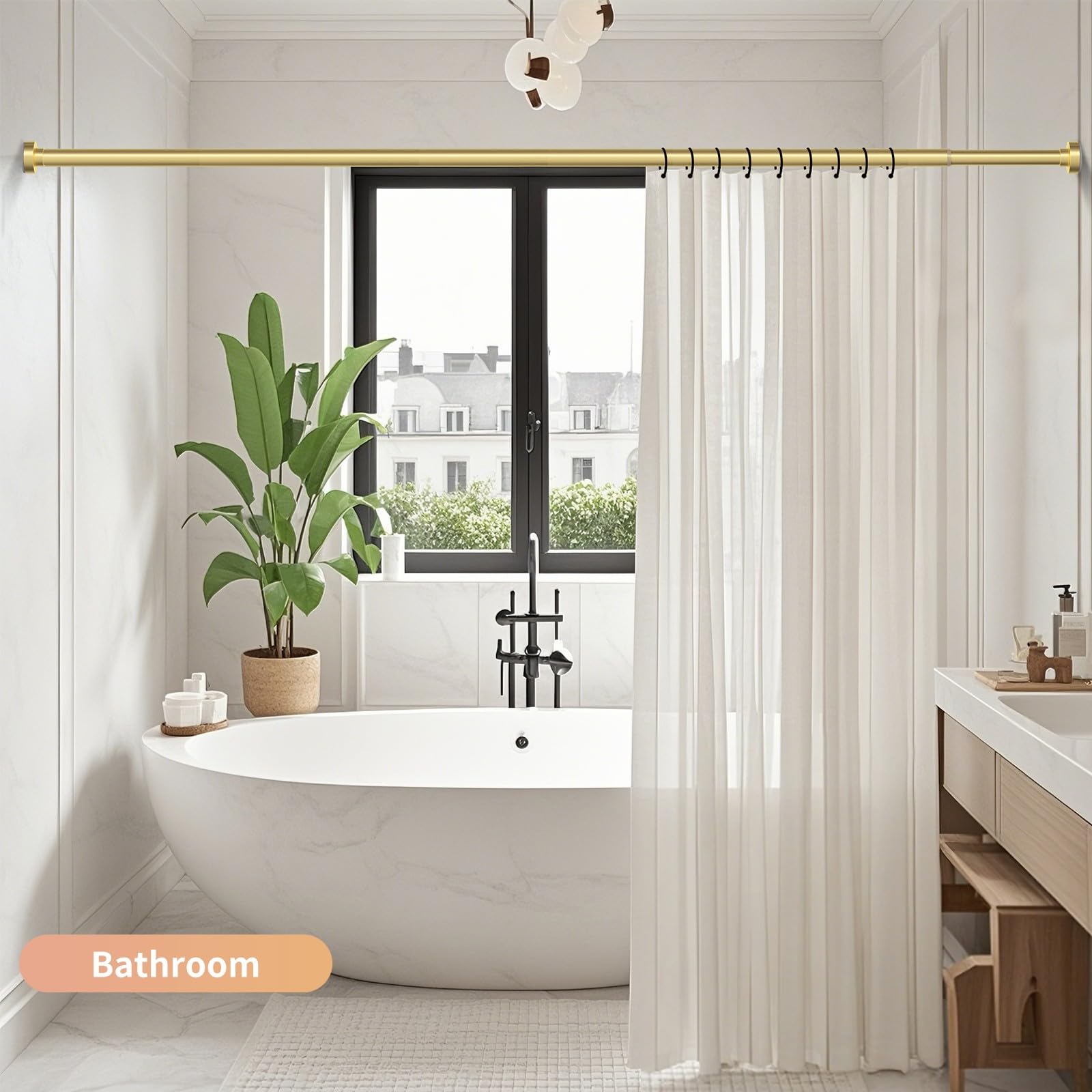 Emlaoe Gold Shower Rod suitable for bathrooms, windows, and outdoor spaces.